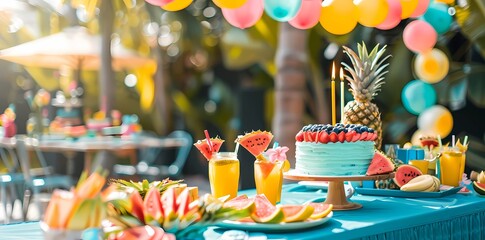 Obraz premium Delicious summer birthday party spread with cake, fruit, and drinks