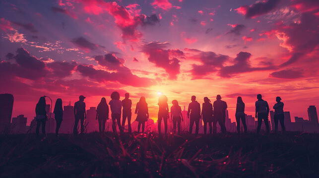 Silhouette of a group of people standing on a city background at sunset