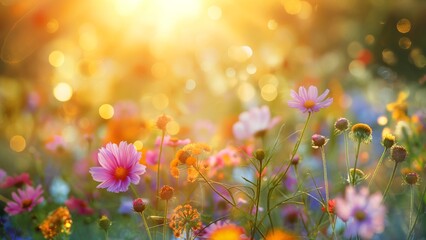 Spring flower field at sunset