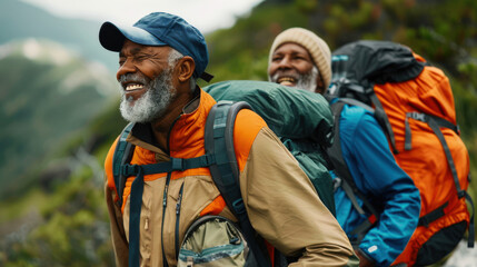Two black men with heavy backpacks are climbing a mountain. A couple of elderly homosexuals in nature. They seem to be enjoying the time and the beautiful scenery