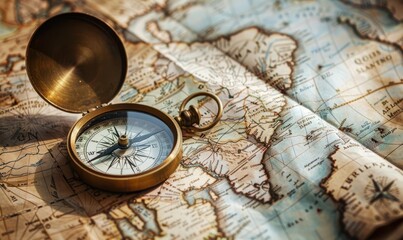 An oldfashioned compass lying on a map of the world with soft focus