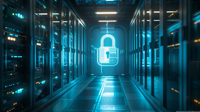 Hologram of digital security lock in modern server room