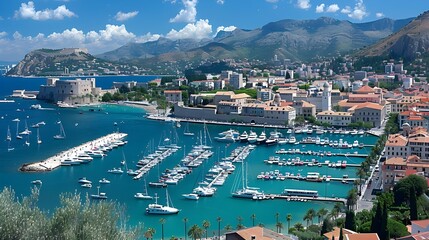 Naklejka premium Panoramic view of a port city in Europe