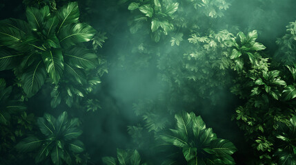 A top-down view of lush green foliage, with sunlight filtering through the canopy, creating an ethereal atmosphere. The background deep forest with misty ambiance. 