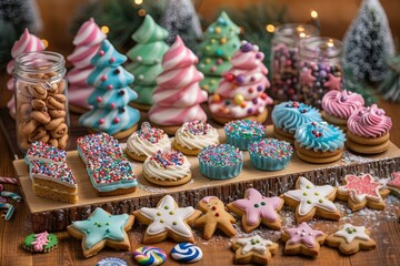 A festive cookie decorating station with various shaped cookies, colorful icing, sprinkles, and holiday-themed decorations, set on a wooden table. 