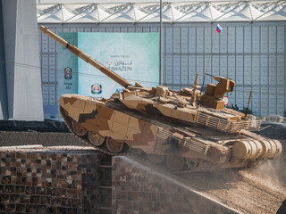 Abu Dhabi, UAE - Feb.20.2013: Rosoboronexport T-90MS MBT (Main Battle Tank) at IDEX 2013 Military...