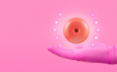 The doctor's hand in a pink glove shows the cervix in good health through a speculum. Isolated on pink background with medicine icons. Pap test concept