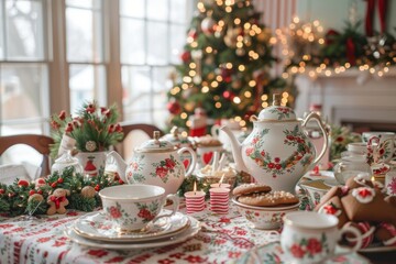 A whimsical Christmas tea party setup with a festive tablecloth, vintage tea set, and holiday-themed treats like gingerbread cookies and candy canes 