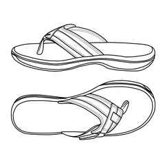 Womens Breeze Sea sandals Line art, Technical sketch drawing outline vector doodle illustration of Sandals Slip On Indoor Outdoor side and top view, isolated on white background