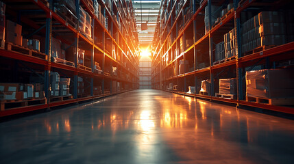 Obraz premium Spacious warehouse aisle with shelves containing various products at sunset.