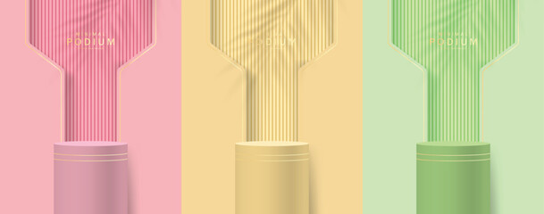 Three Cylindrical Platforms Against Pastel Colored Background With Palm Leaf Shadows