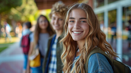 Fototapeta premium High School Girl and Friends with Backpacks Going to School 