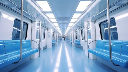 Obraz premium Interior of a modern train with blue seats.