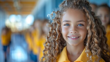 Fototapeta premium Smiling Schoolgirl with Curly Hair and Blue Eyes - Generative AI