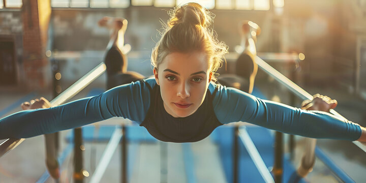 Female Gymnast Performing on Parallel Bars with Intense Focus in Sunlit Gym
 ,Dedicated Gymnast Practicing on Parallel Bars in Well-Lit Training Facility