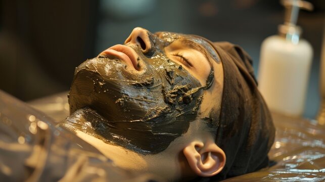 A client lying on a treatment table covered in a cooling mud wrap with essential oils.