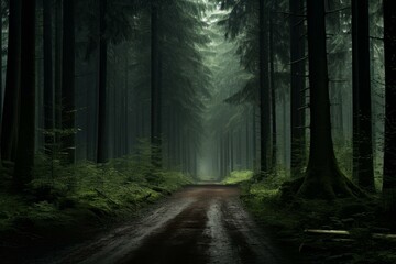 Obraz premium Serene, mystical forest path shrouded in fog with towering trees and lush undergrowth
