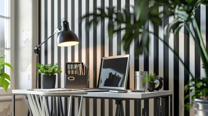 Transform your workspace with this eyecatching home office design featuring bold striped wallpaper and a minimalist desk setup.