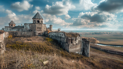 Panoramic view of a historical Ukrainian fort or castle with copy space