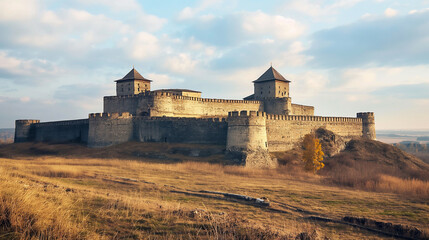 Fototapeta premium Panoramic view of a historical Ukrainian fort or castle with copy space