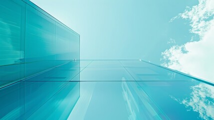 Obraz premium Sky Blue Hue Minimalistic Glass architecture in a Modern Atmosphere, future smart office, business concept, Graphic Resources, Wallpapers, Brochure, Websites, banner design, Advertising, background