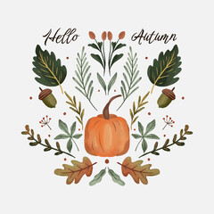 Hello Autumn greeting with leaves  mushroom  pumpkin illustration.