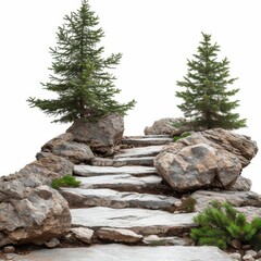 Path among rocks and pine trees on a white background