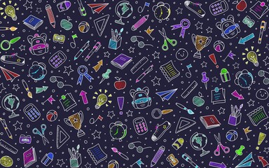 School supplies doodles on a dark-blue background. Hand-drawn design. Science motifs. Back to school concept. Colorful elements. Wallpaper, backdrop, pattern.