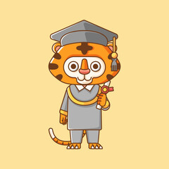 Cute tiger graduation diploma animal kawaii chibi character mascot illustration outline style design