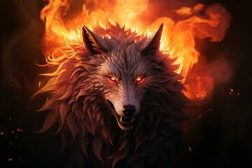 Digital art of a wolf with a mane of fire, embodying strength and mysticism