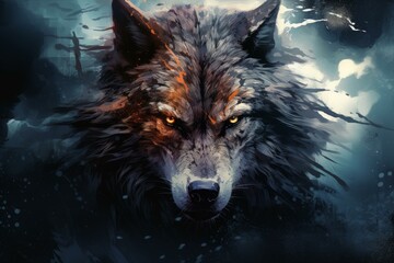 Digital artwork of a fierce wolf with intense eyes amidst abstract elements