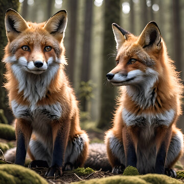 Retrato de dos zorros en un bosque