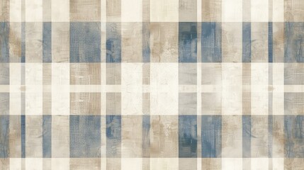 Beige and Blue Plaid Weathered Fabric Texture.