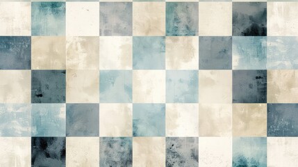 Distressed Checkered Tile Pattern in Blue and Beige Hues. 