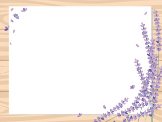 木製の板に白い紙の背景にラベンダーの花が可愛いフレーム背景イラスト