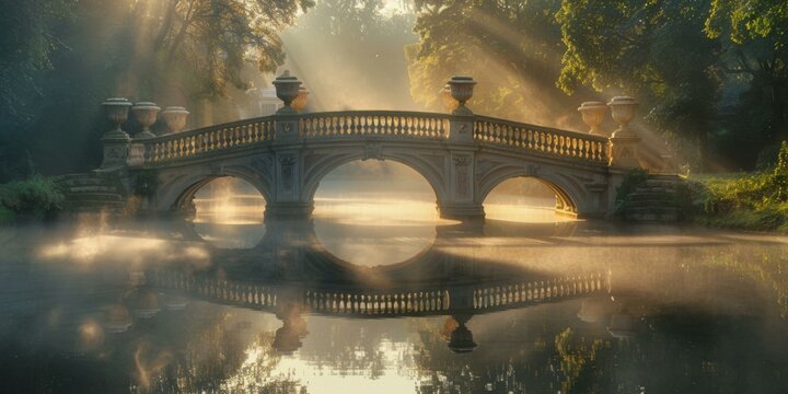 A bridge over a lake with sun shining through the trees. AI.