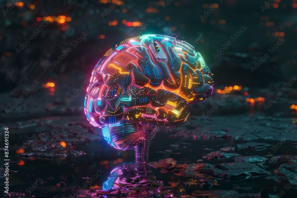Wall mural neon colored brain with a glowing light inside of it. ai.