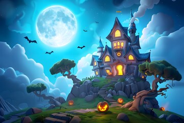 Spooky haunted house on a hill under a full moon with bats, pumpkins, and eerie glowing windows.