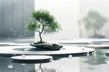 Minimalist scene with a small tree on a rock in a reflective pool of water.