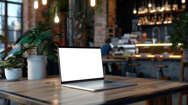 A mockup of a stylish laptop in a trendy restaurant or cafe. There is an open laptop on a wooden table in the restaurant. The table is surrounded by potted plants