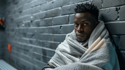 A track and field athlete sitting on a bench wrapped in a thermal blanket after completing a series of cryotherapy sessions to aid in muscle recovery.