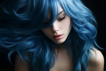 Fototapeta premium Close-up of a serene woman with luxurious blue hair cascading around her face