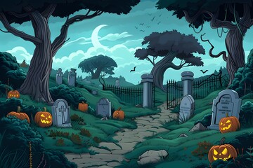 Spooky graveyard path with jack-o'-lanterns and eerie moonlit sky
