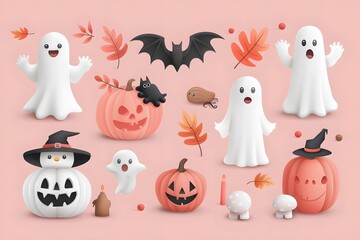 Cute spooky Halloween ghosts, pumpkins, bats, and autumn leaves on light pink background