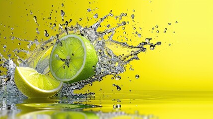 Lime yellow desktop with a subtle reflection, adorned with a vibrant lemonade water splash. The high-resolution image captures every detail in HD 12k quality.
