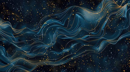 Obraz premium Abstract Flowing Blue and Gold Waves with Starry Background.