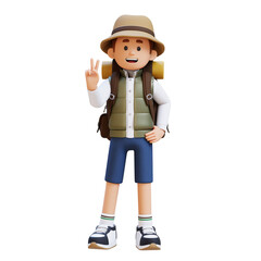 3D Traveller Character Giving Peace Hand Sign Pose
