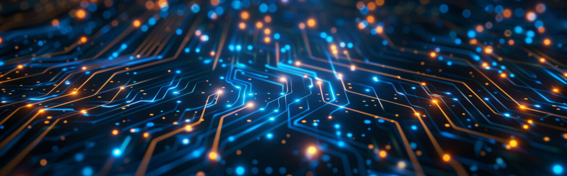 Abstract digital circuit board with pattern of glowing lines and dots. Futuristic technology and connection