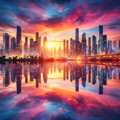 Fototapeta premium Modern cityscape reflected in still water at sunset