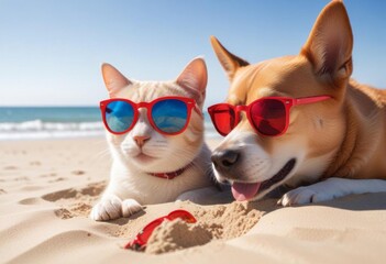 “A Playful Scene: Cat and Dog Buried in the Sand”
